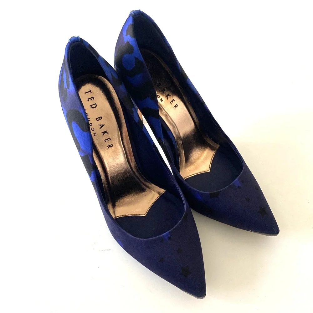 TED BAKER Navy Star Leopard Iziie Toe Stiletto Slip On Pump Point Blue Satin 5